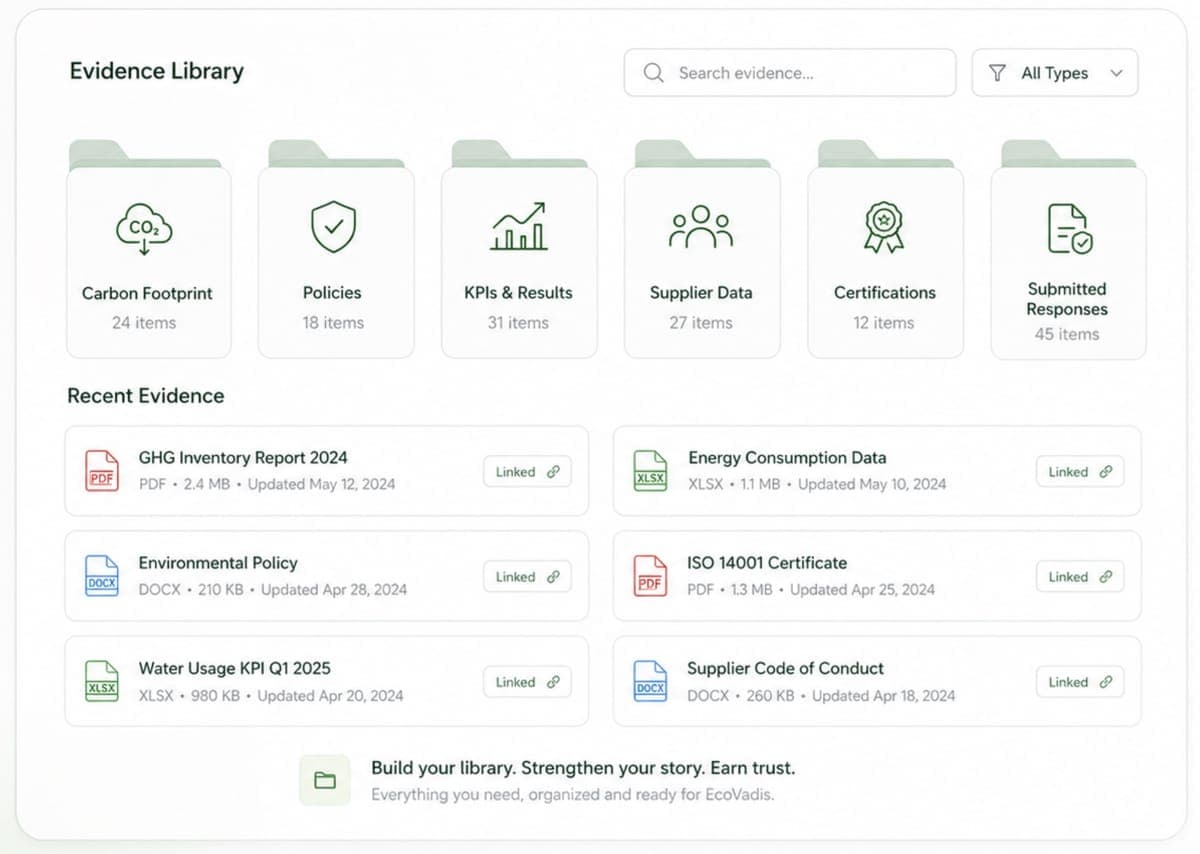 Aclymate evidence library showing organized policies, KPIs, reports, and supplier documentation