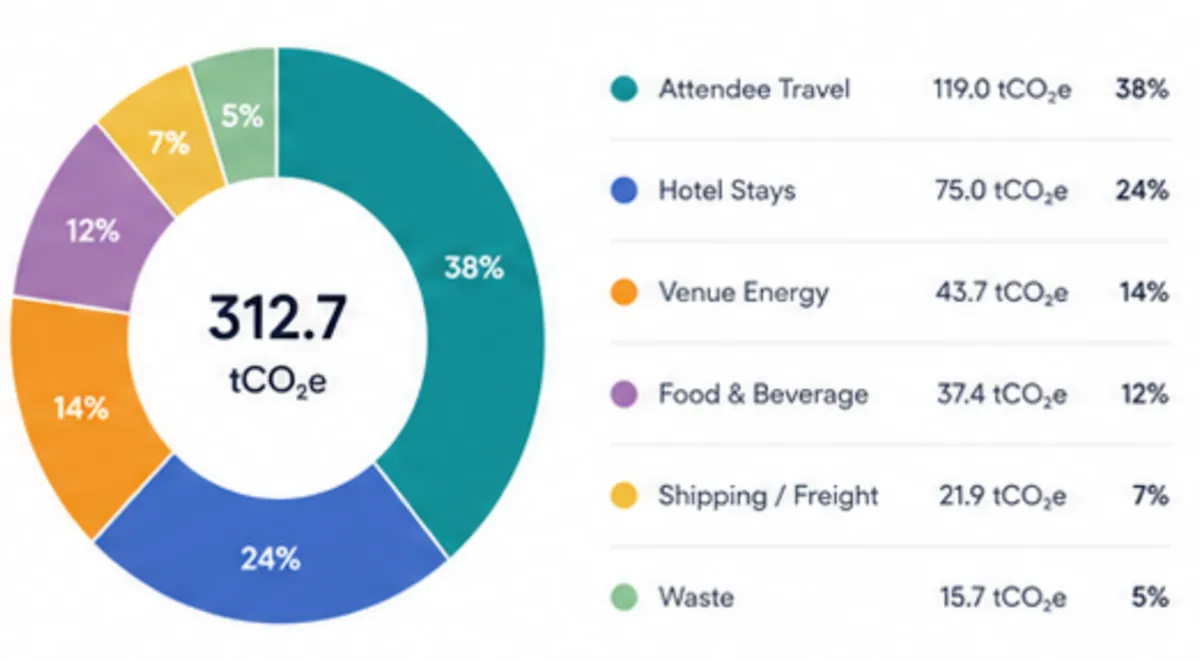 Aclymate event dashboard showing total event footprint, emissions breakdown by category, and event status