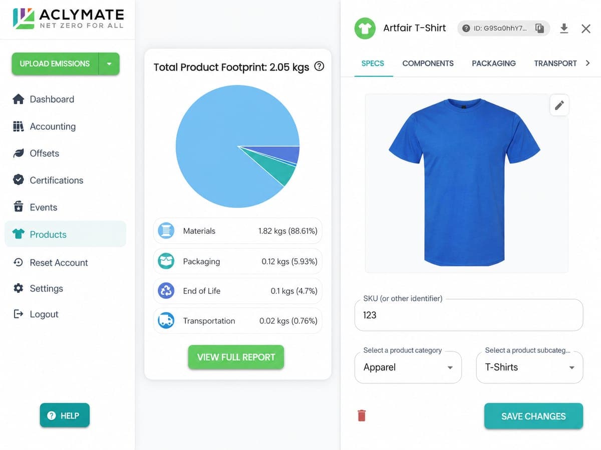 Aclymate product record showing specs, category, SKU, and total footprint summary with materials, packaging, end-of-life, and transportation contributions