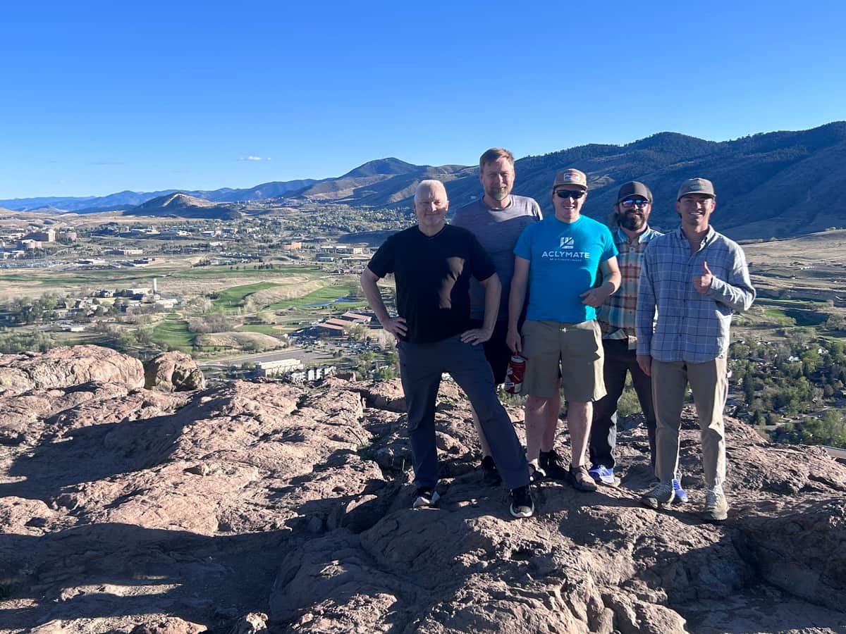 Aclymate's leadership team — Mike Smith, William Loopesko, Bill Zujewski, Travis Kruse, and Tyler Miller — gathered together in Colorado.
