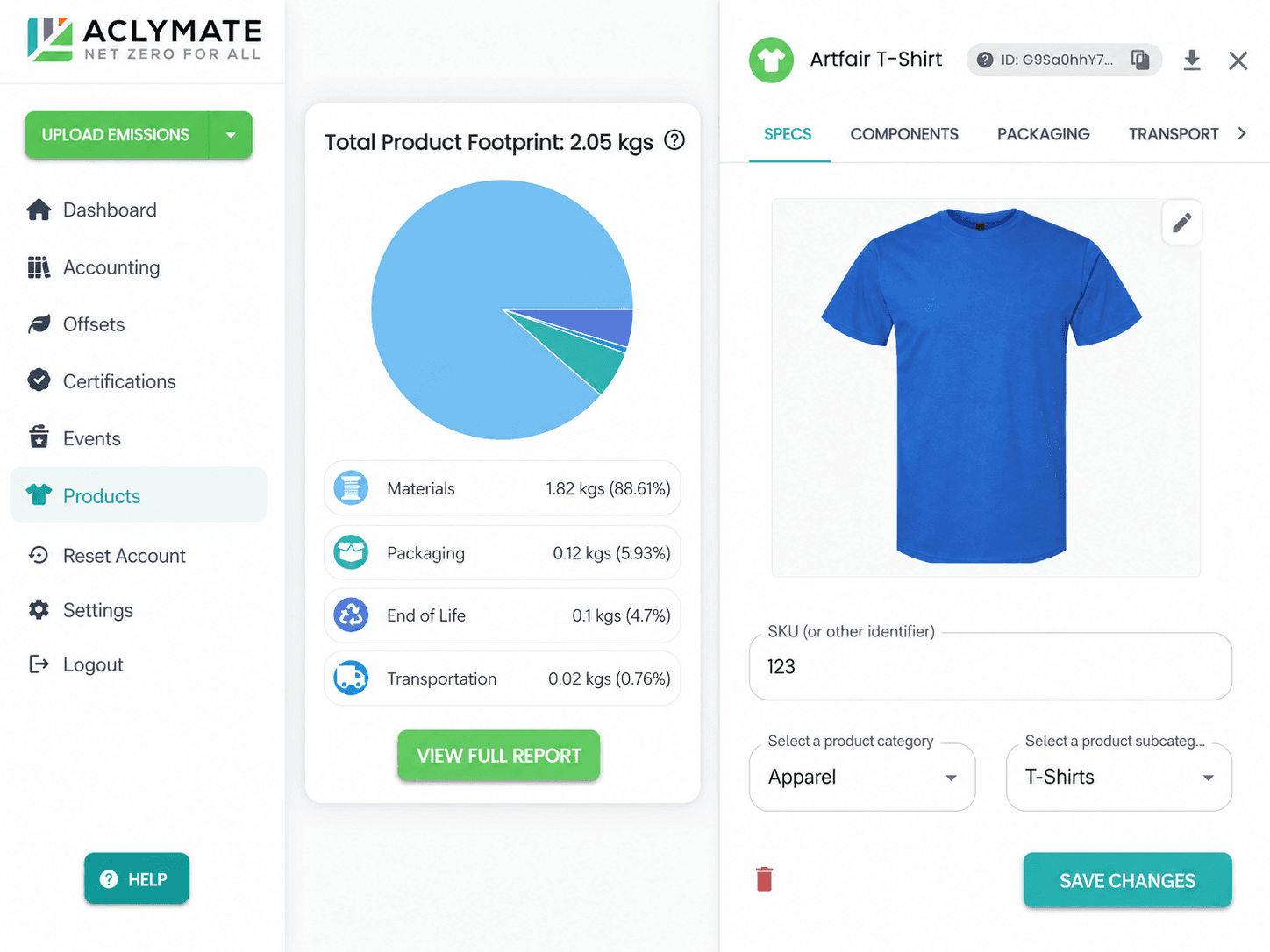 Aclymate product record showing specs, category, SKU, and total footprint summary with materials, packaging, end-of-life, and transportation contributions