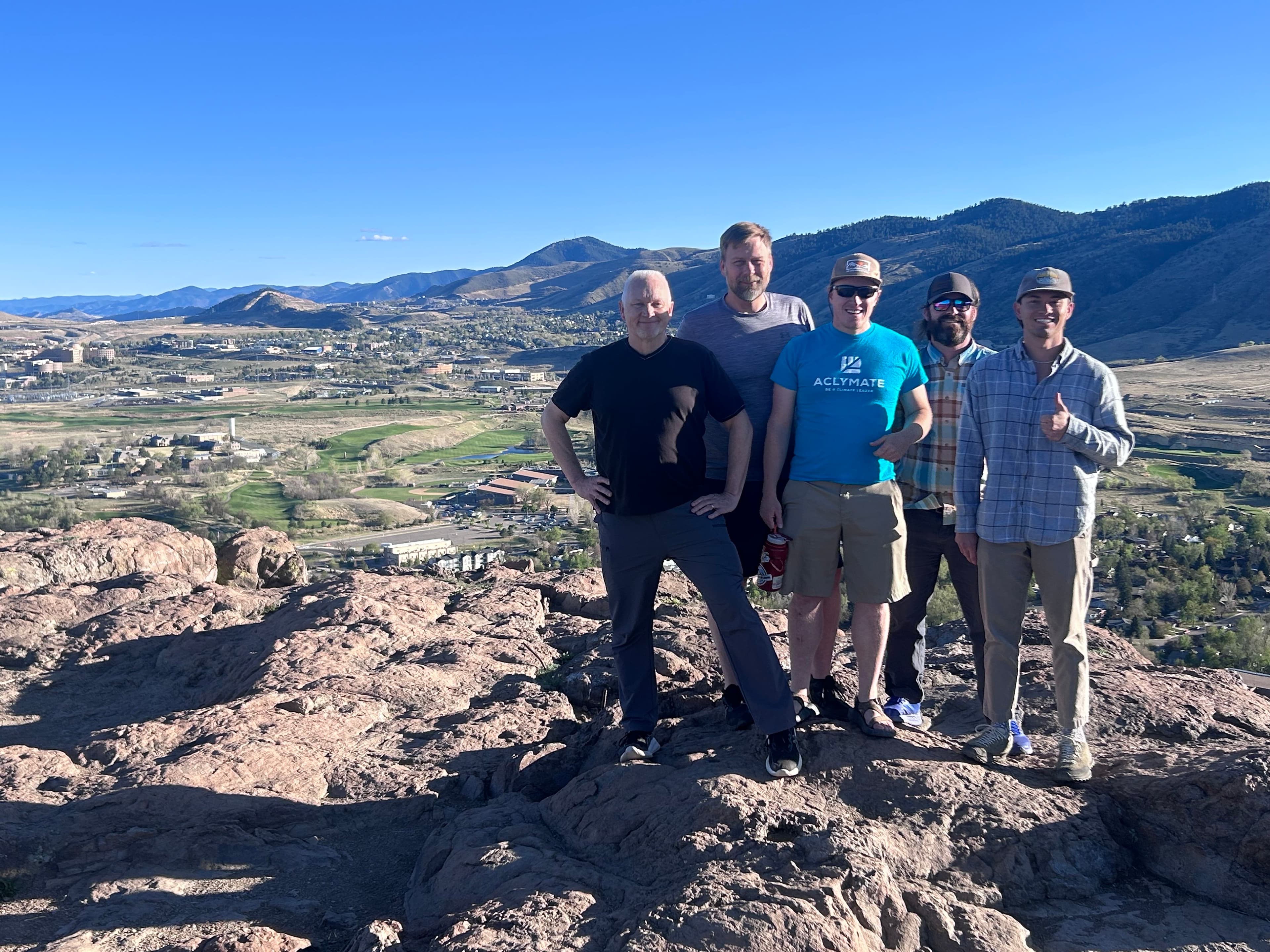 Aclymate's leadership team — Mike Smith, William Loopesko, Bill Zujewski, Travis Kruse, and Tyler Miller — gathered together in Colorado.